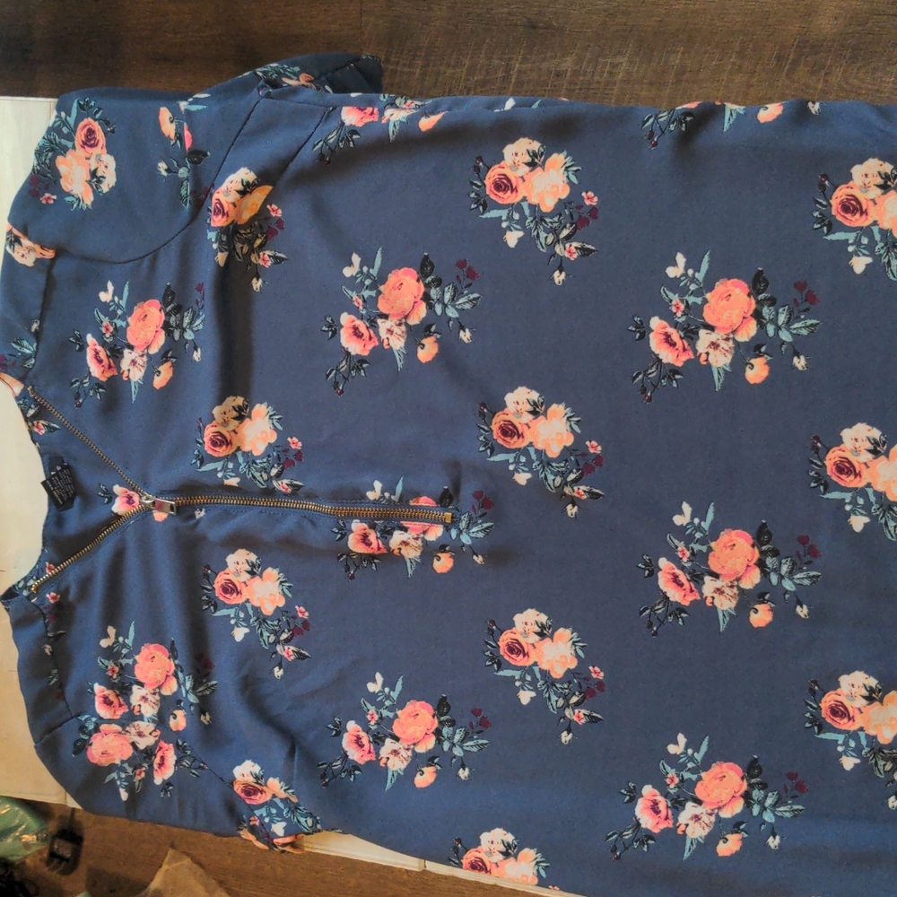 Rue 21 - blue floral, gold quarter zip blouse